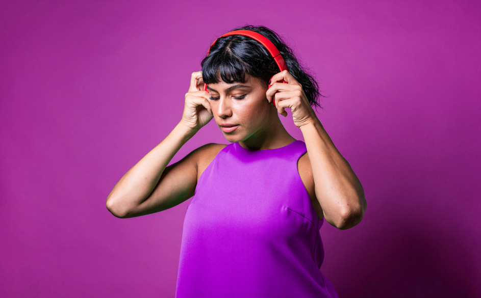 Candid portrait with bright color and negative space